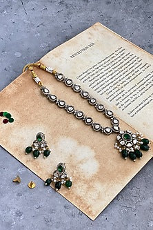 Gold Finish Kundan Polki & Green Beaded Long Necklace Set