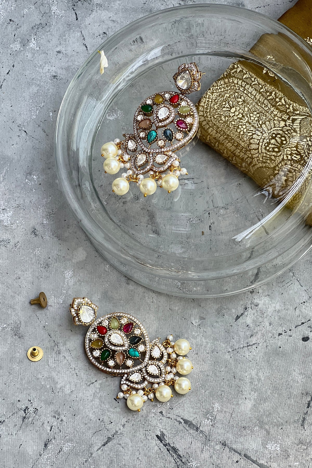 Gold Finish Kundan Polki & Navratna Stone Dangler Earrings