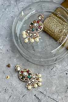 Gold Finish Kundan Polki & Navratna Stone Dangler Earrings