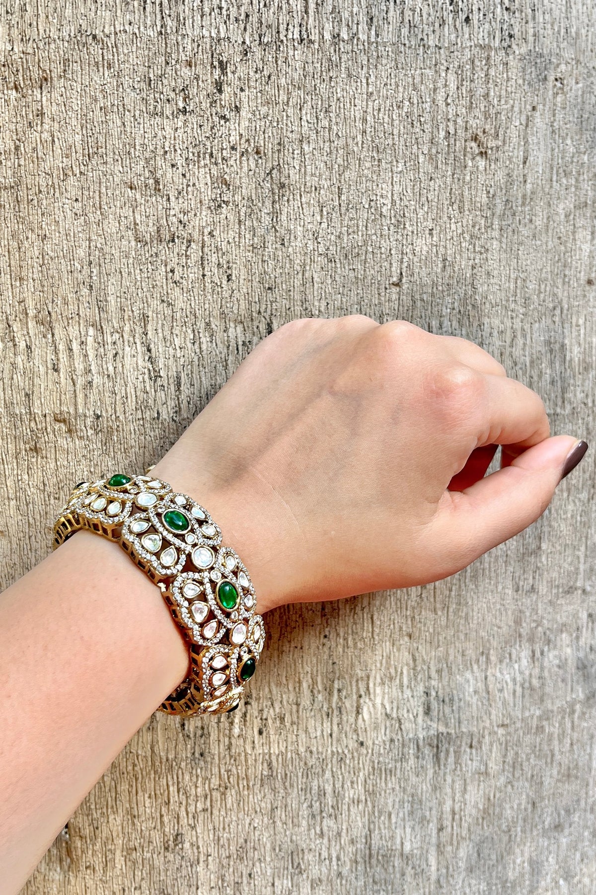 Antique Gold Finish Kundan Polki & Zircon Bangle