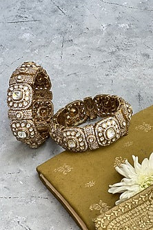 Antique Gold Finish Kundan Polki & Zircon Bangles (Set of 2)