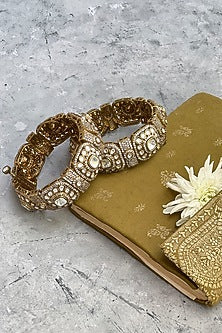 Antique Gold Finish Kundan Polki & Zircon Bangles (Set of 2)