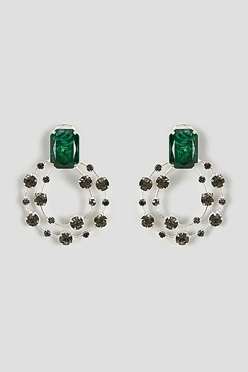 White Finish Green Swarovski Stone Hoop Earrings