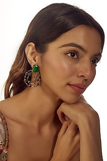 White Finish Green Swarovski Stone Hoop Earrings
