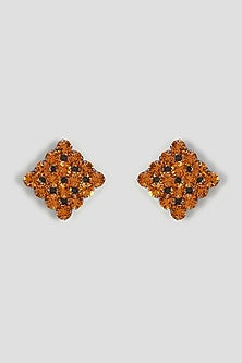 Gold Finish Orange Swarovski Stone Stud Earrings