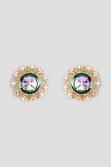 Gold Finish Pink Swarovski Stone Stud Earrings