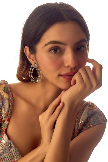 White Finish Pink Swarovski Stone Hoop Earrings