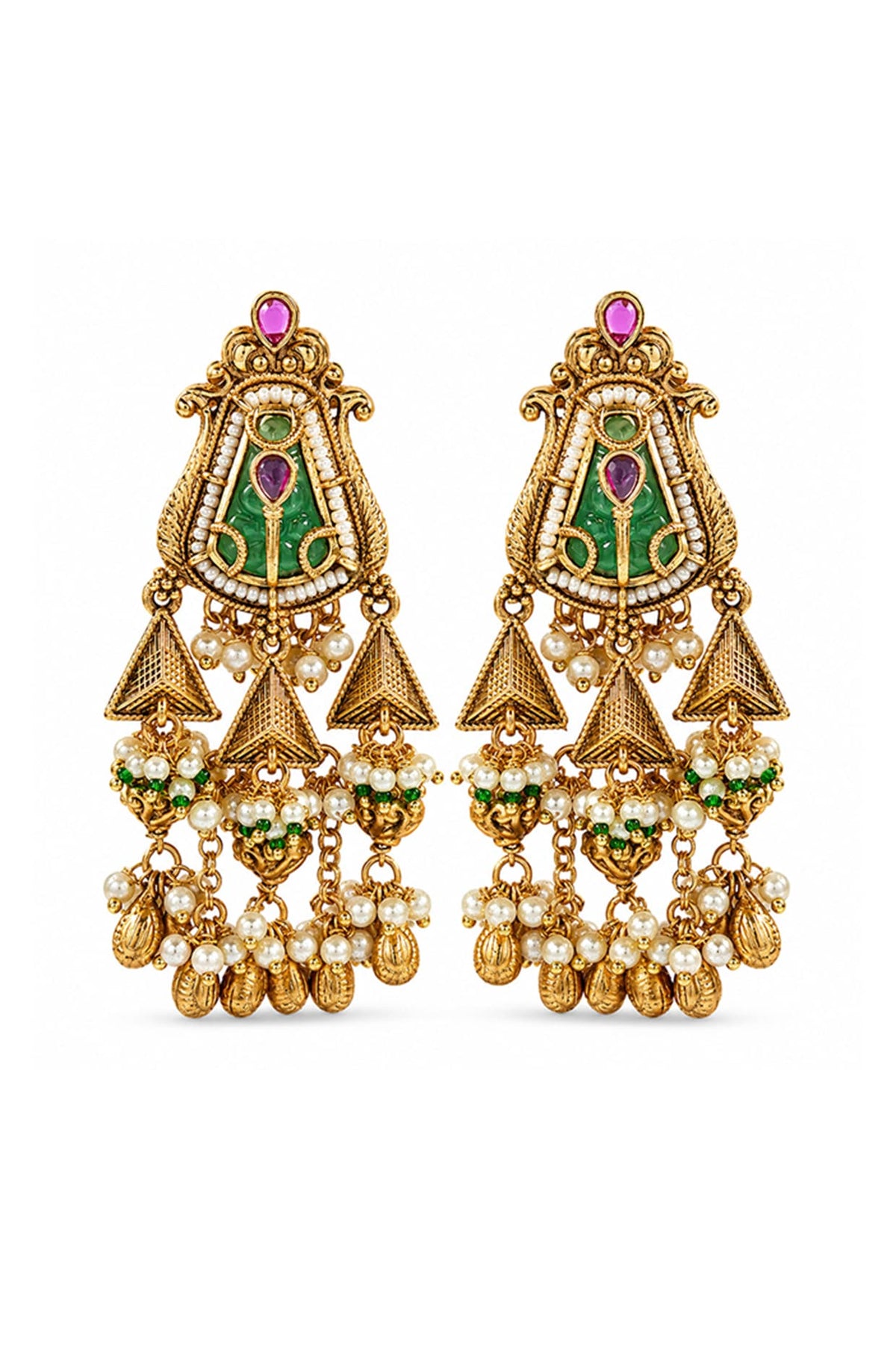 Antique Gold Finish Pearl & Ruby Stone Temple Meenakari Dangler Earrings