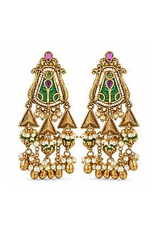 Antique Gold Finish Pearl & Ruby Stone Temple Meenakari Dangler Earrings