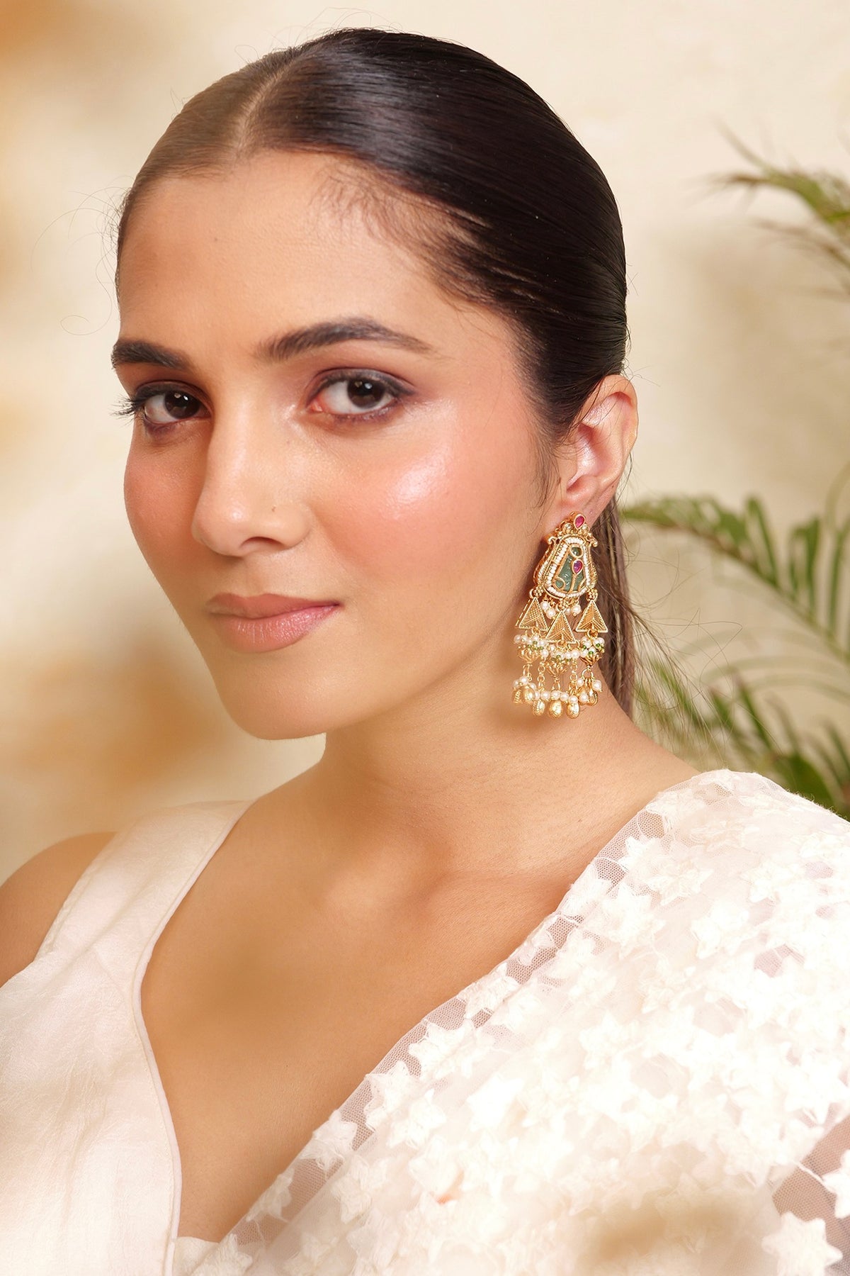 Antique Gold Finish Pearl & Ruby Stone Temple Meenakari Dangler Earrings
