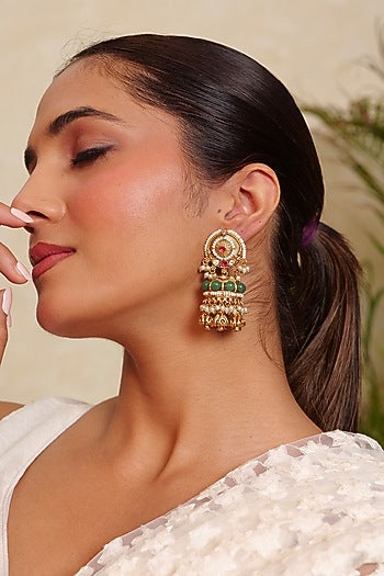 Antique Gold Finish Emerald Beaded & Ruby Stone Temple Jhumka Earrings