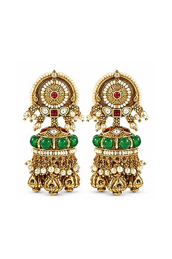 Antique Gold Finish Emerald Beaded & Ruby Stone Temple Jhumka Earrings