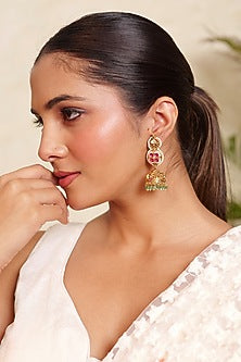 Antique Gold Finish Synthetic Ruby & Green Stone Temple Jhumka Earrings