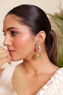 Antique Gold Finish Synthetic Ruby & Green Stone Temple Jhumka Earrings
