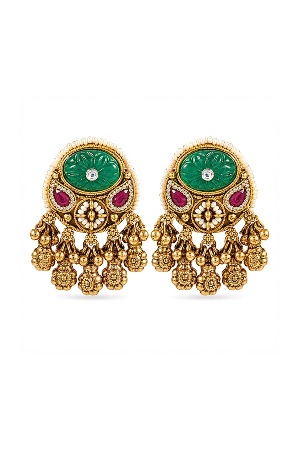 Antique Gold Finish Emerald & Ruby Synthetic Stone Temple Stud Earrings