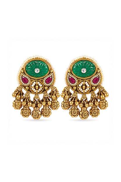 Antique Gold Finish Emerald & Ruby Synthetic Stone Temple Stud Earrings