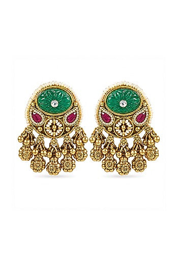 Antique Gold Finish Emerald & Ruby Synthetic Stone Temple Stud Earrings