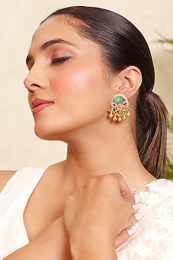 Antique Gold Finish Emerald & Ruby Synthetic Stone Temple Stud Earrings