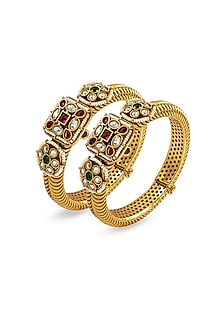 Antique Gold Finish Kundan Polki & Pearl Temple Bangle (Set Of 2)