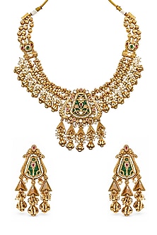 Antique Gold Finish Kundan Polki Green Enameled Temple Long Necklace Set
