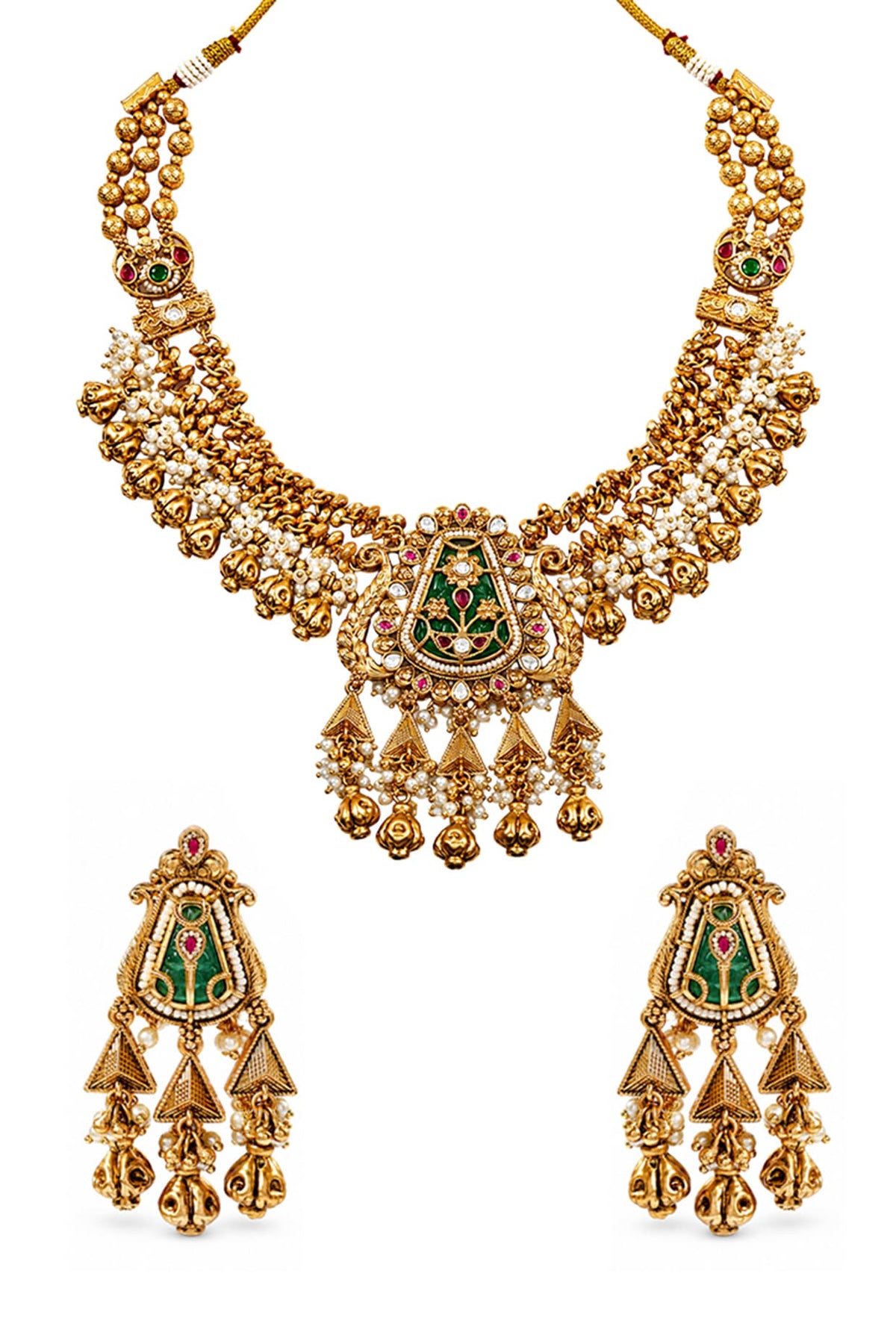 Antique Gold Finish Kundan Polki Green Enameled Temple Long Necklace Set