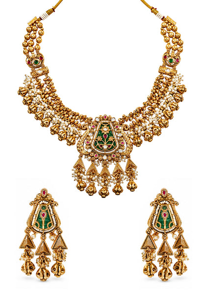 Antique Gold Finish Kundan Polki Green Enameled Temple Long Necklace Set