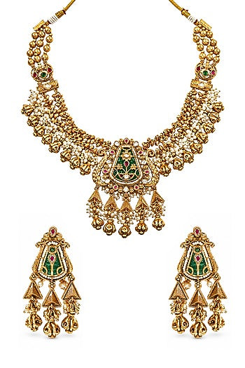 Antique Gold Finish Kundan Polki Green Enameled Temple Long Necklace Set