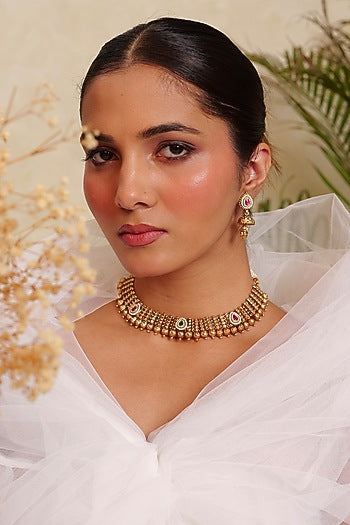 Antique Gold Finish Kundan Polki & Ruby Stone Temple Choker Necklace Set