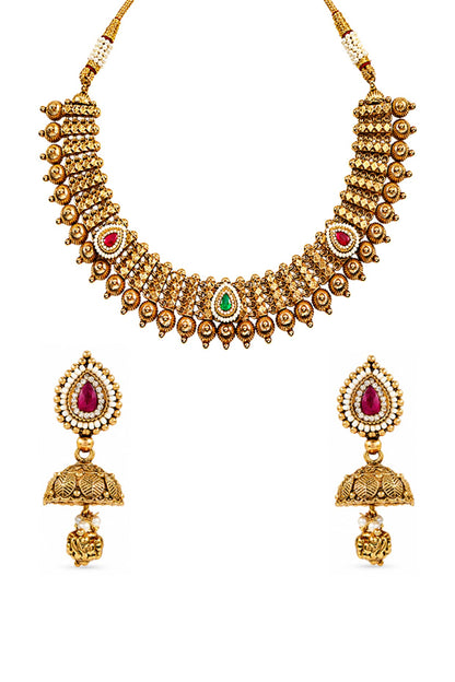 Antique Gold Finish Kundan Polki & Ruby Stone Temple Choker Necklace Set