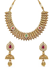 Antique Gold Finish Kundan Polki & Ruby Stone Temple Choker Necklace Set