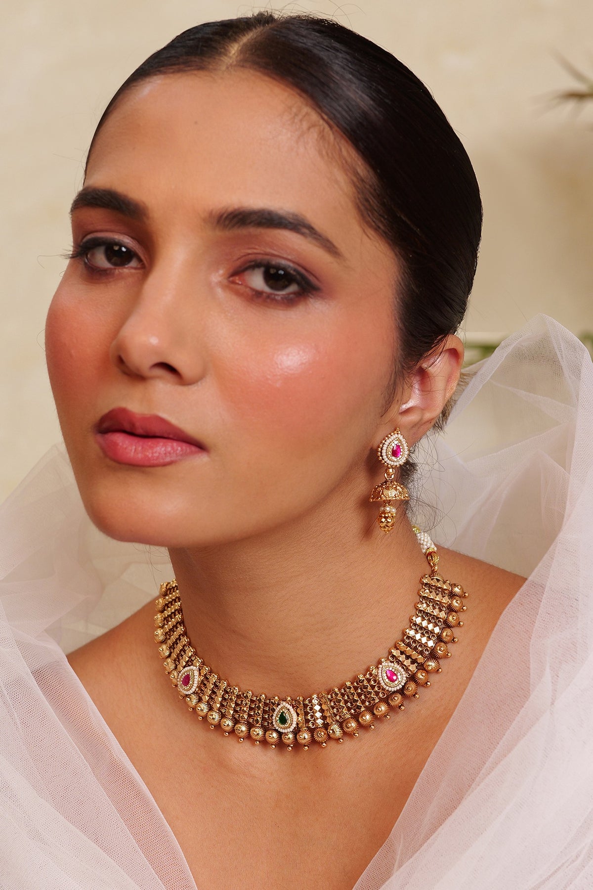 Antique Gold Finish Kundan Polki & Ruby Stone Temple Choker Necklace Set