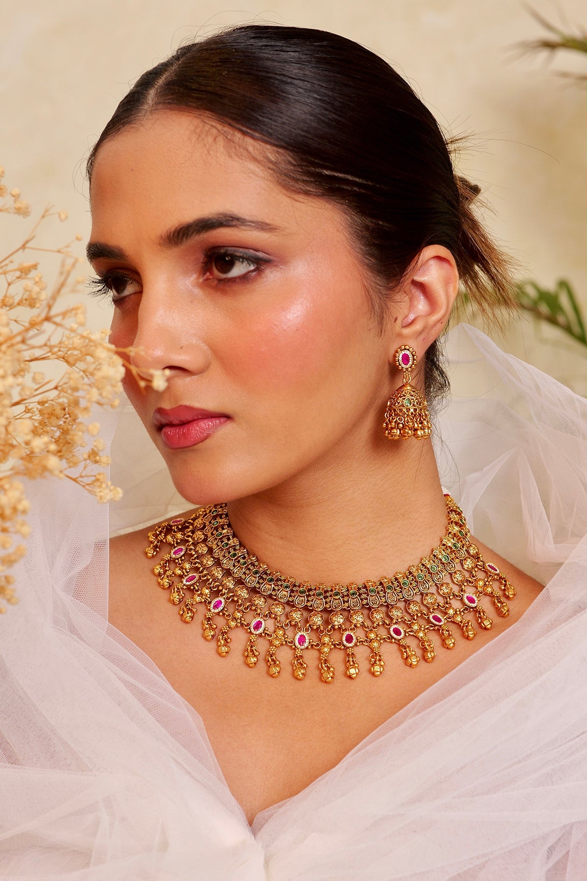 Antique Gold Finish Kundan Polki & Ruby Stone Temple Choker Necklace Set
