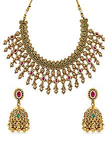 Antique Gold Finish Kundan Polki & Ruby Stone Temple Choker Necklace Set