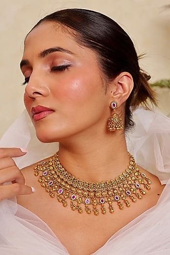 Antique Gold Finish Kundan Polki & Ruby Stone Temple Choker Necklace Set