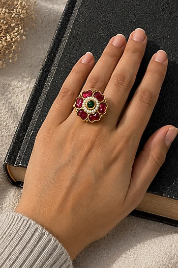 Matte Gold Finish Ruby & Green Stone Adjustable Ring
