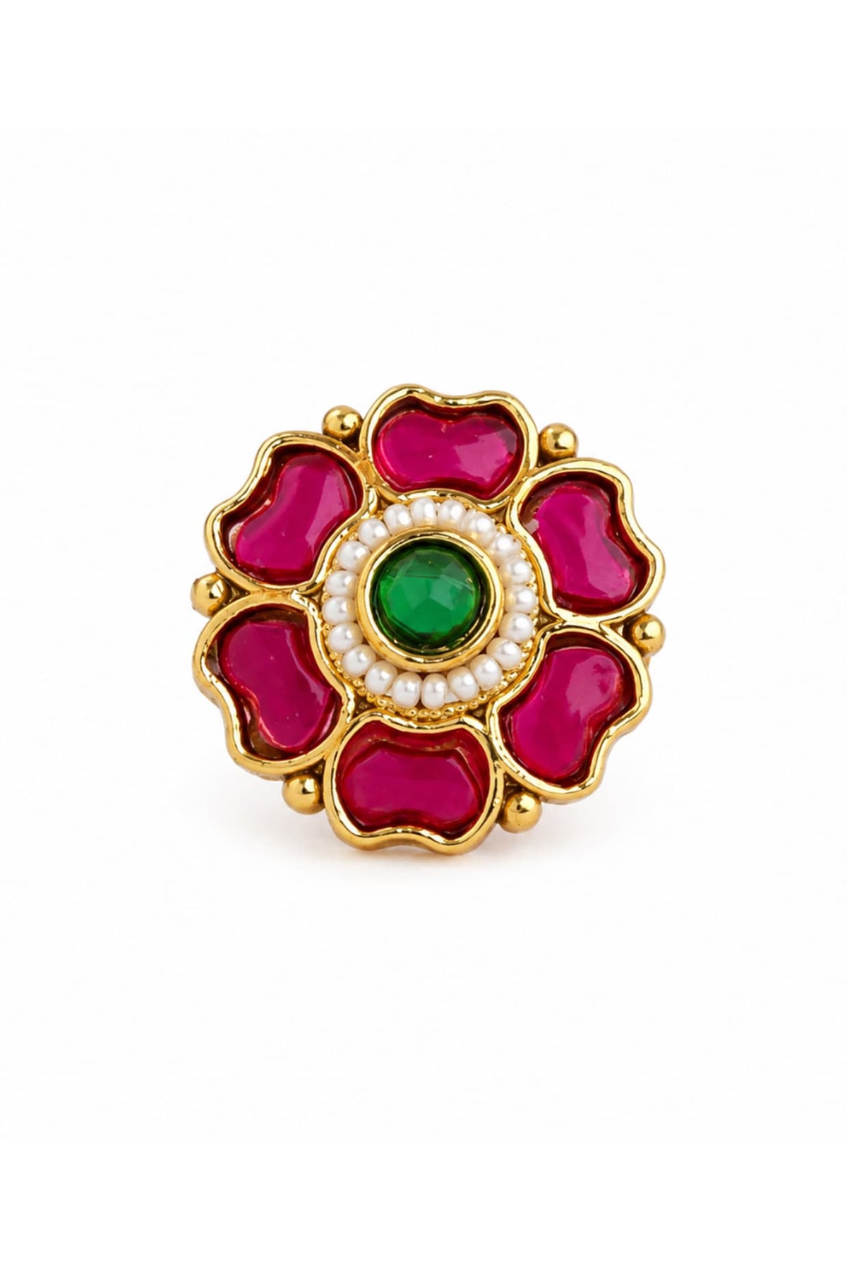 Matte Gold Finish Ruby & Green Stone Adjustable Ring