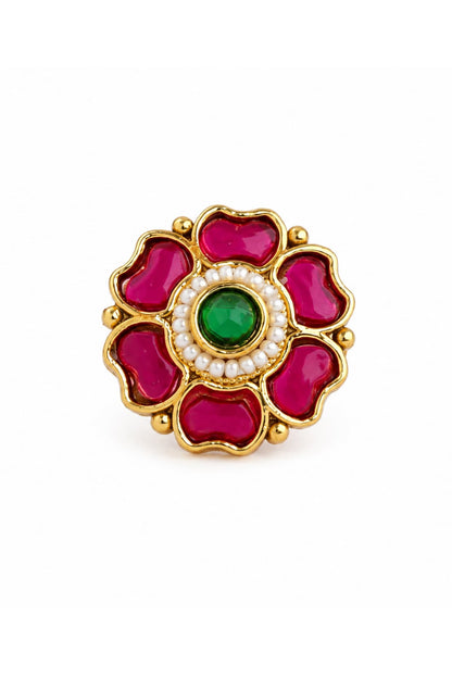 Matte Gold Finish Ruby & Green Stone Adjustable Ring