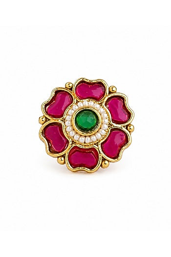 Matte Gold Finish Ruby & Green Stone Adjustable Ring