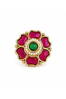 Matte Gold Finish Ruby & Green Stone Adjustable Ring