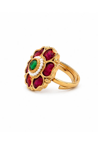 Matte Gold Finish Ruby & Green Stone Adjustable Ring