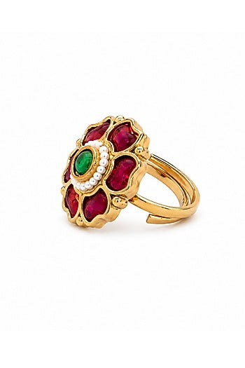 Matte Gold Finish Ruby & Green Stone Adjustable Ring