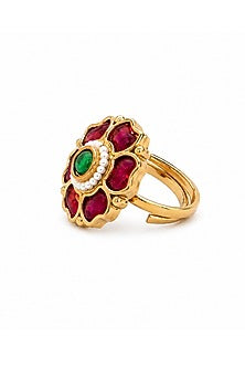 Matte Gold Finish Ruby & Green Stone Adjustable Ring