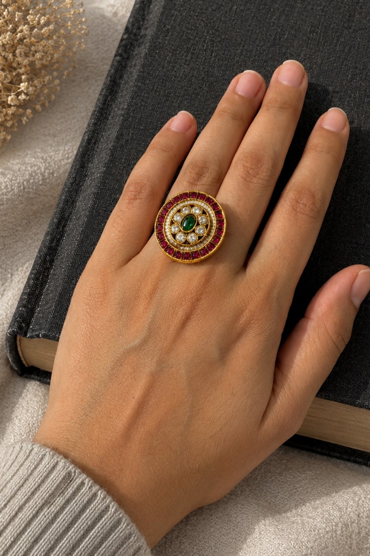 Matte Gold Finish Kundan Polki & Ruby Stone Adjustable Ring