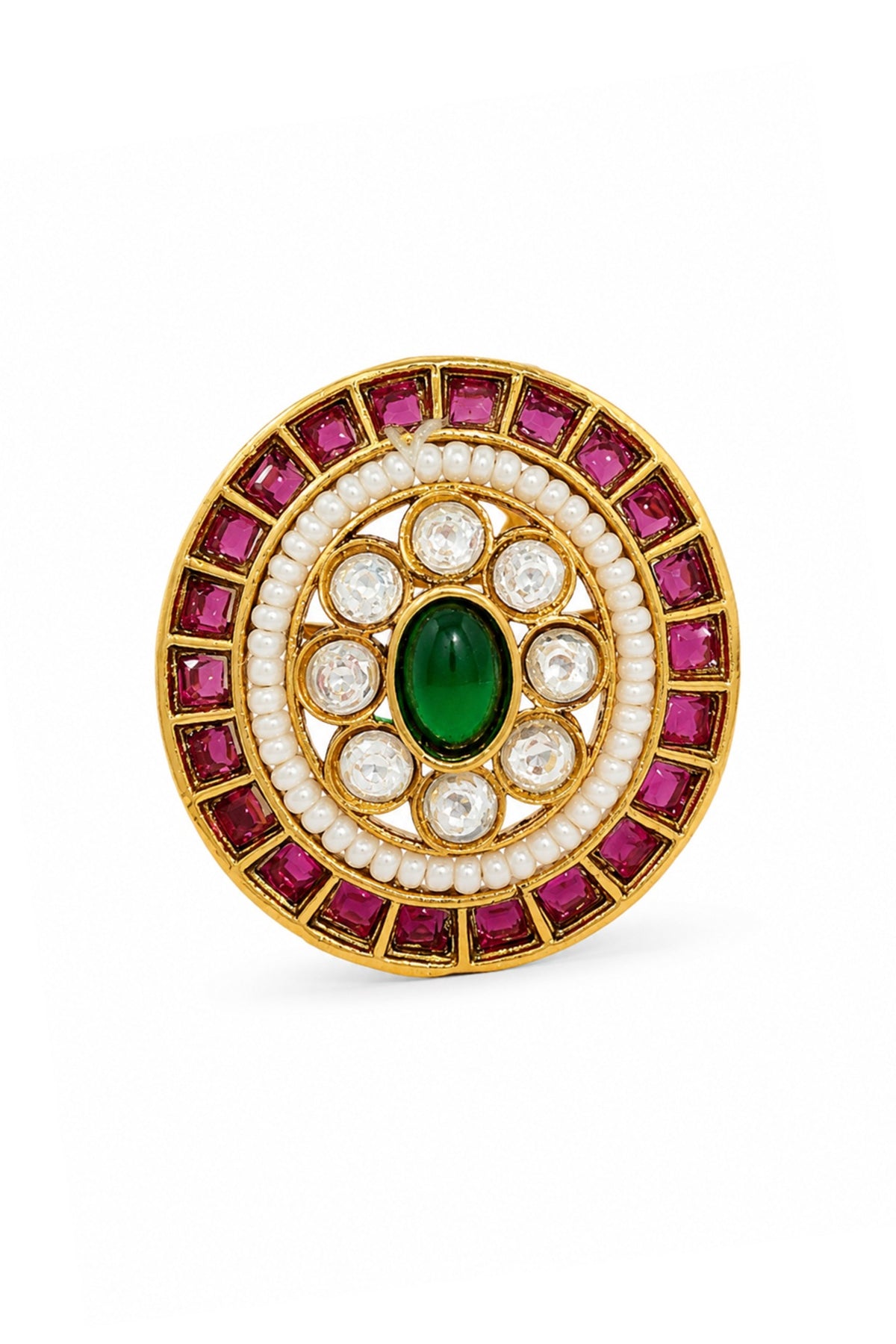 Matte Gold Finish Kundan Polki & Ruby Stone Adjustable Ring