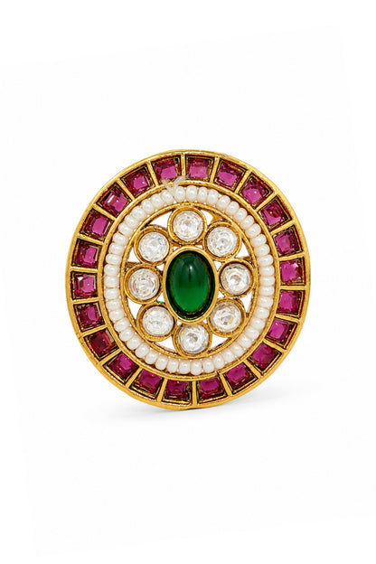 Matte Gold Finish Kundan Polki & Ruby Stone Adjustable Ring
