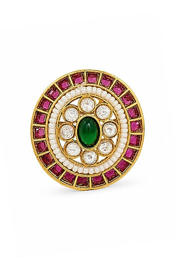 Matte Gold Finish Kundan Polki & Ruby Stone Adjustable Ring