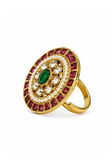 Matte Gold Finish Kundan Polki & Ruby Stone Adjustable Ring