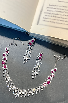 White Finish Zircon & Red Leaf Motif Choker Necklace Set