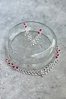 White Finish Zircon & Red Leaf Motif Choker Necklace Set