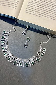 White Finish Zircon & Green Stone Choker Necklace Set